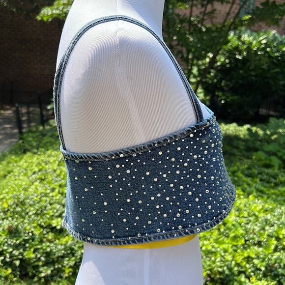Zara Blue Denim Rhinestone Embellished Crop Top - Picture 7 of 12